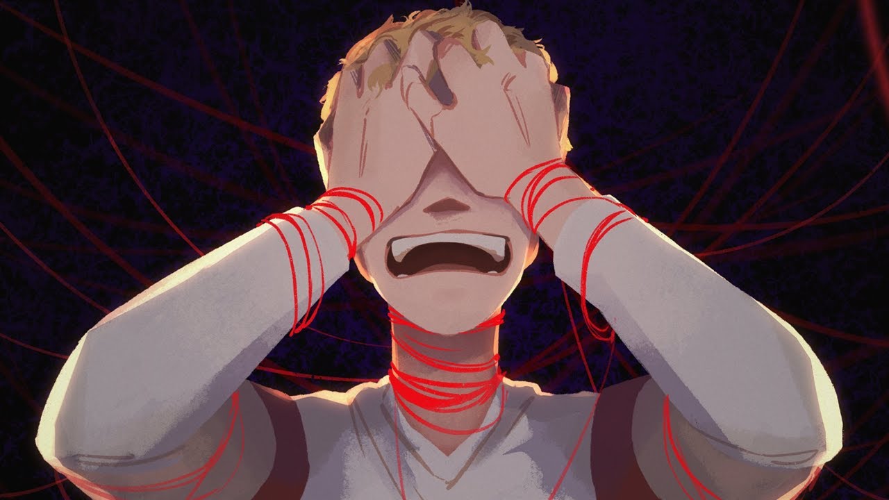 A drawing of Tommy sobbing, hands to his face. Tons of red strings are looped around his wrists, his neck, and his arms before leading into the obsidian darkness around him.